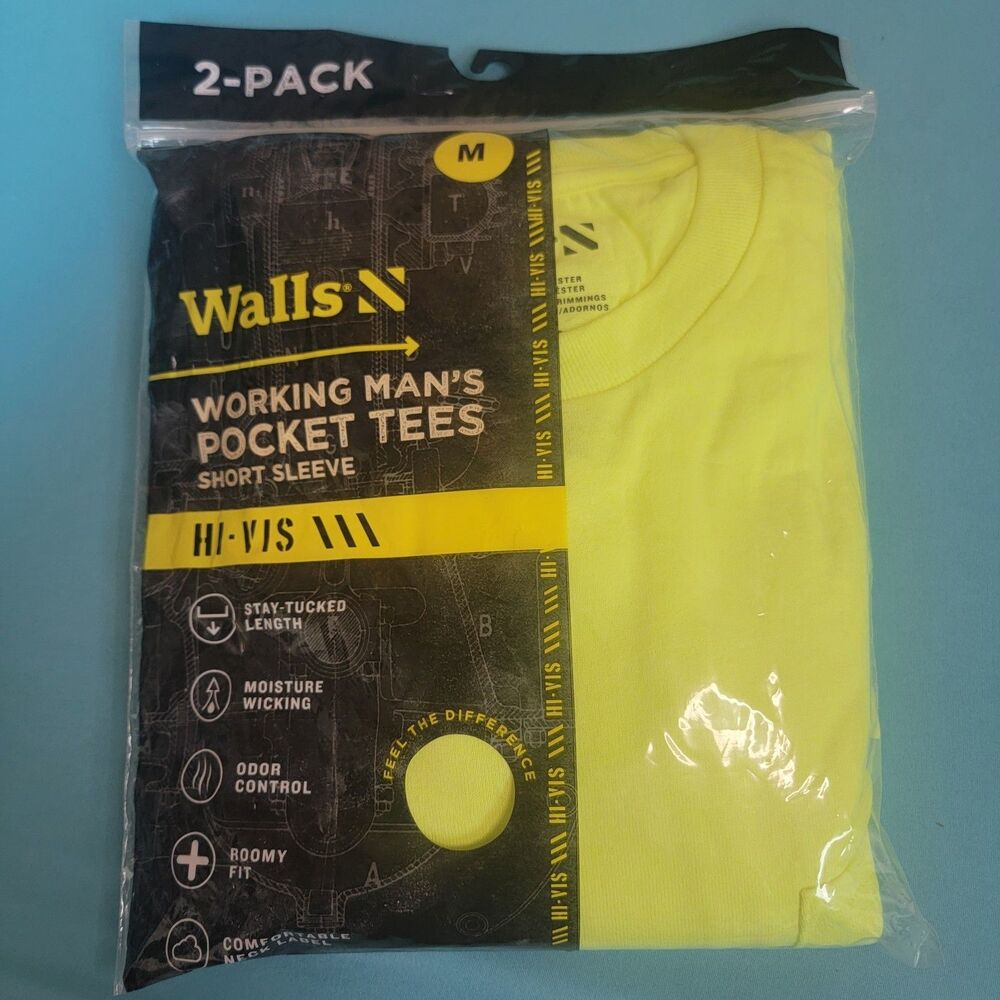Walls 2pk Working Man's Hi-Vis Neon Pocket Tees Short Sleeve T-Shirts Med New
